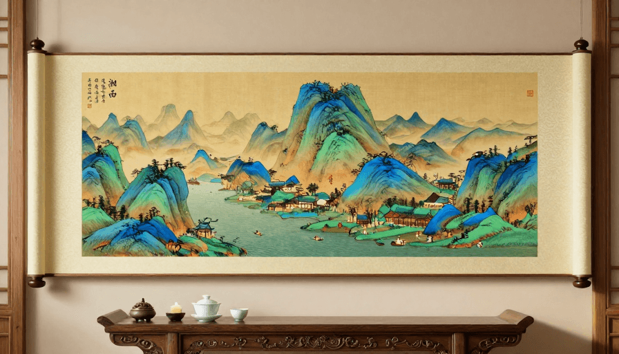 文化展览素材：青绿山水画卷与中式茶席的东方美学摄影