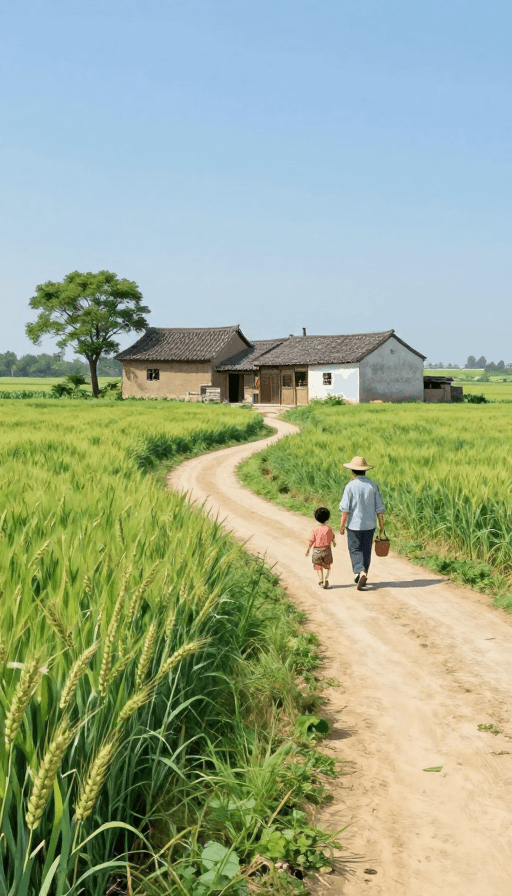 简约构图素材：80年代治愈系乡村：麦田小径与温馨农家