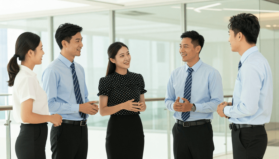 温暖光线素材：四位亚洲职场人士温馨交流