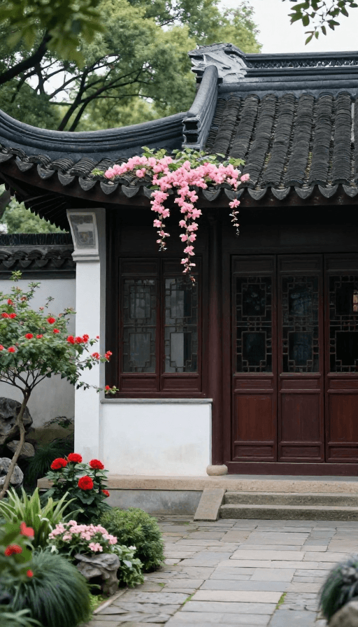 青瓦白墙素材：中式古建庭院：青瓦白墙间绽放的粉色花雨