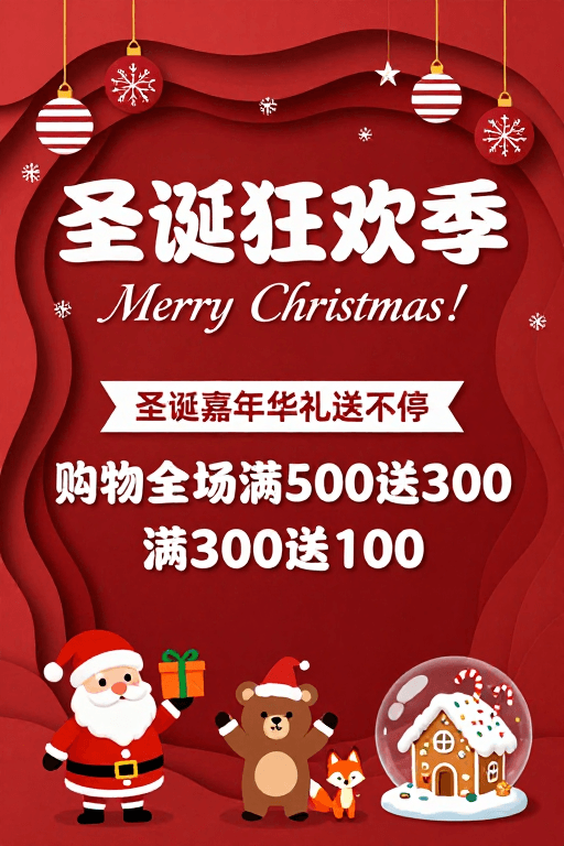 立体纸艺素材：红色立体纸艺圣诞狂欢季促销海报