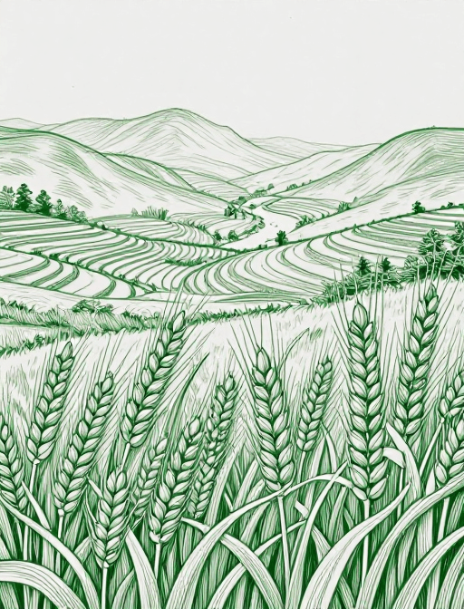 山水画素材：绿色雕刻线描风复古麦田山水插画