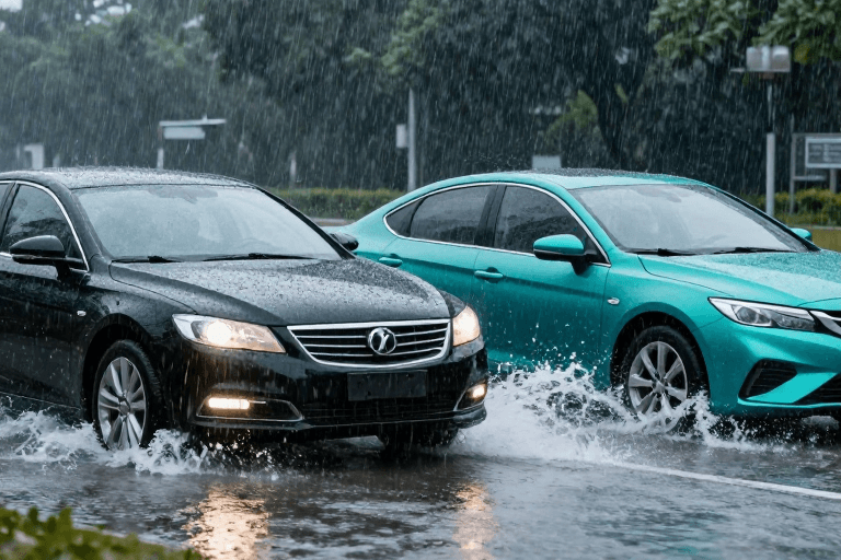 高清实景素材：暴雨涉水行车：两车冷调实拍 安全警示