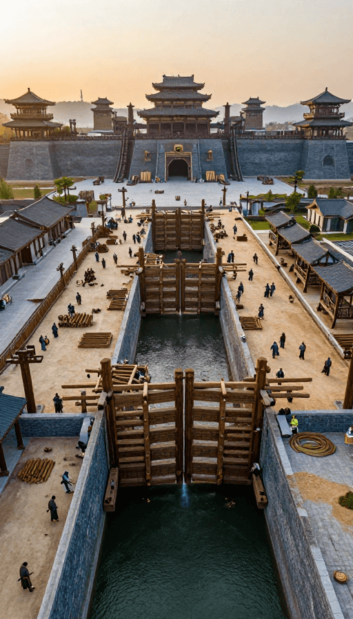 暖金色调素材：秦代水闸建造：蒸汽朋克下的古代水利奇观