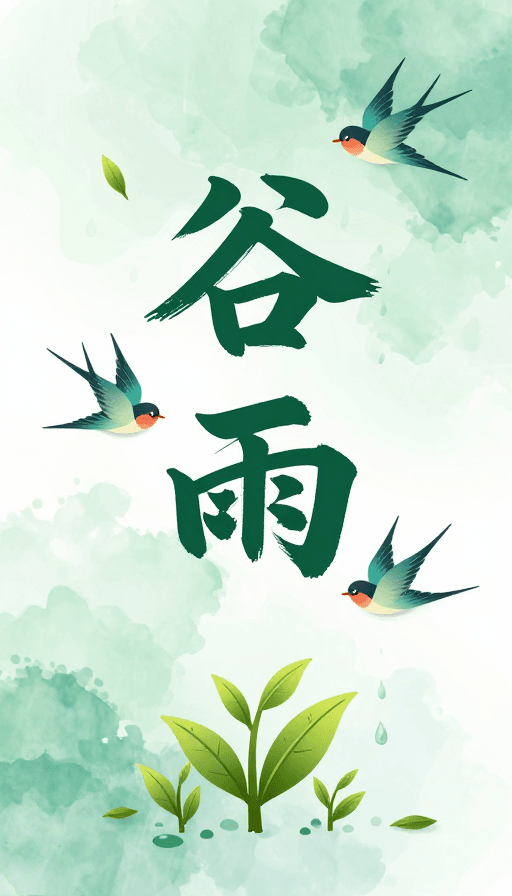 矢量插画素材：水墨燕舞·谷雨新生：中式插画明信片