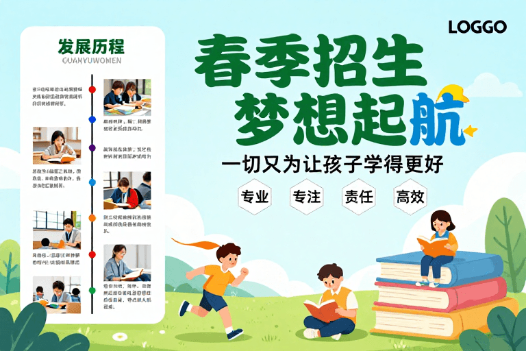 教育海报素材：清新扁平插画春季招生海报