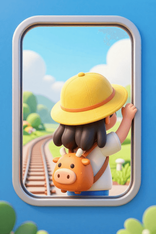火车车窗素材：春日列车之旅：Q版女孩探窗远眺