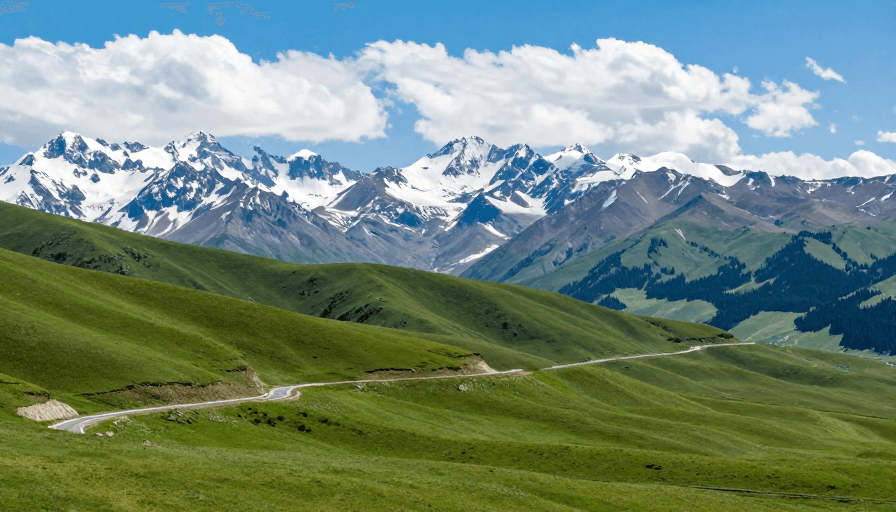 公路景观素材：青翠草原蜿蜒公路引向雪峰