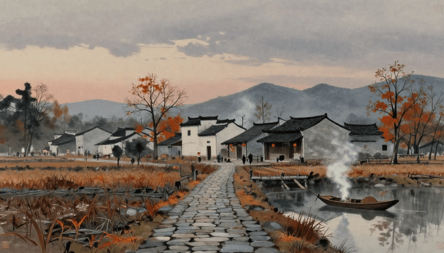 古风素材：暮色秋色：水墨古韵中的静谧田园风光