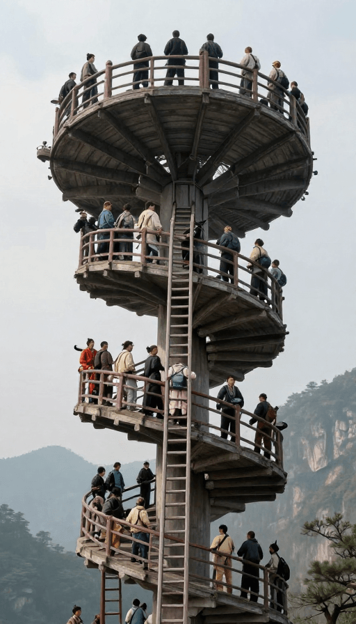 艺术创作素材：飞升天庭：空中回旋梯的极致细节与攀登者群像