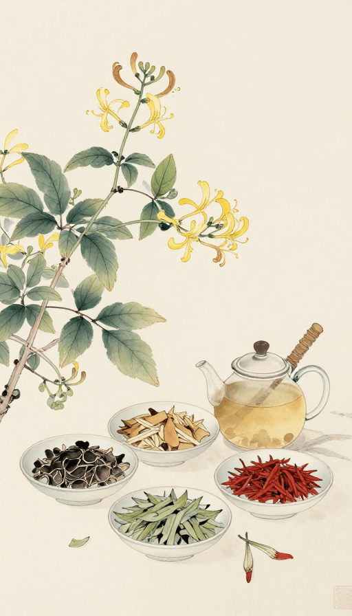 国画风格素材：金银花与中药方剂的逼真国画艺术