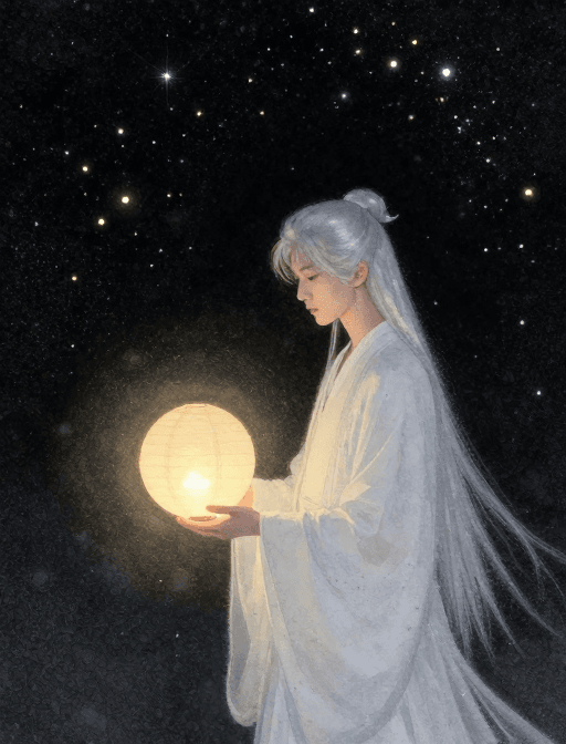 点彩技法素材：岩彩雪夜：银发少年与纸灯的静谧光影
