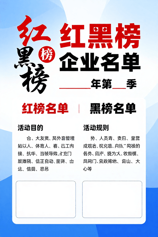 信息海报素材：红黑榜企业名单公示海报，蓝白几何背景庄重设计