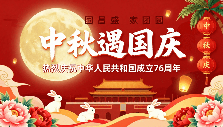 文化符号素材：中秋逢国庆 国昌盛家团圆红色喜庆海报