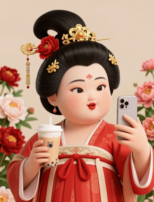 商品展示素材：超现实3D古风少女：持奶茶自拍牡丹花海