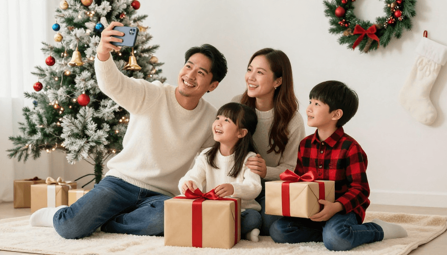 温馨场景素材：温馨圣诞：亚洲四口家庭的幸福瞬间