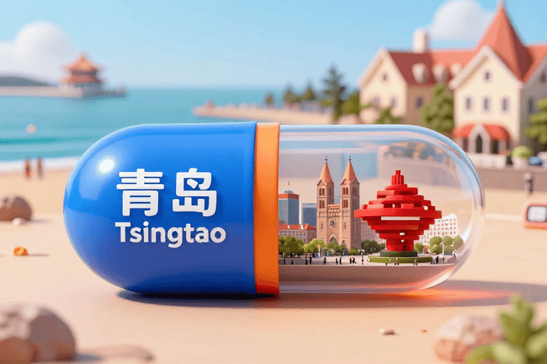 广告素材素材：梦幻微缩胶囊：青岛城市景观的3D艺术表达