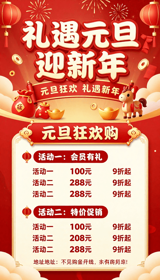 元旦促销素材：红色中国风元旦促销海报，喜庆氛围浓郁