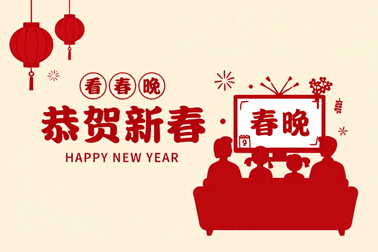 新春祝福素材：扁平剪纸新春贺卡，红色灯笼与家庭春晚场景