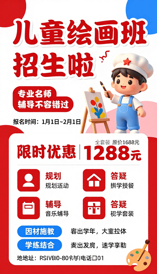 3D卡通素材：童趣盎然 活力启航——儿童绘画班招生海报