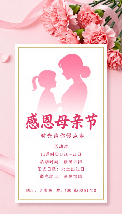 柔焦光影素材：母亲节温馨海报：柔美粉色与亲情剪影