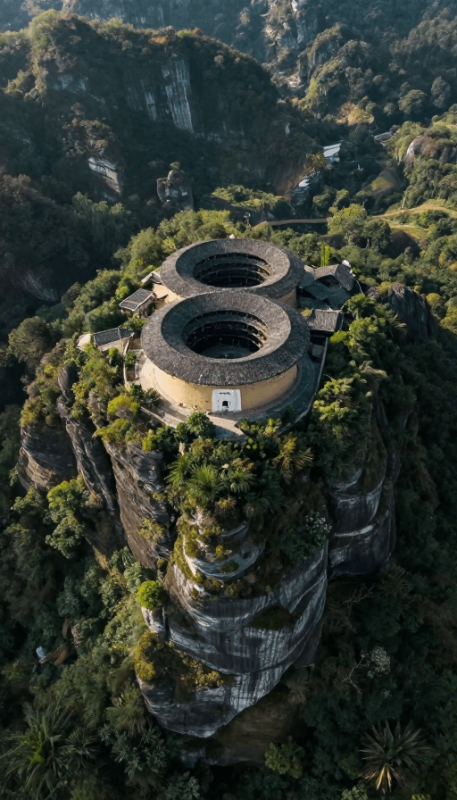 客家土楼素材：客家土楼峰顶深渊，超现实俯拍风景