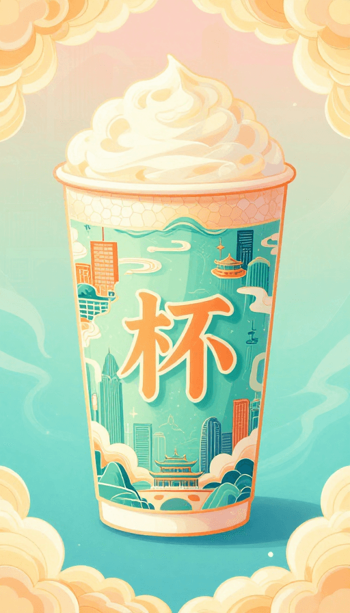 文化元素素材：国潮竖立茶杯：城市缩影与梦幻艺术字
