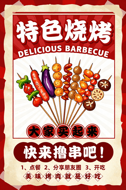 手绘插画素材：复古烧烤宣传海报：特色美味诱人
