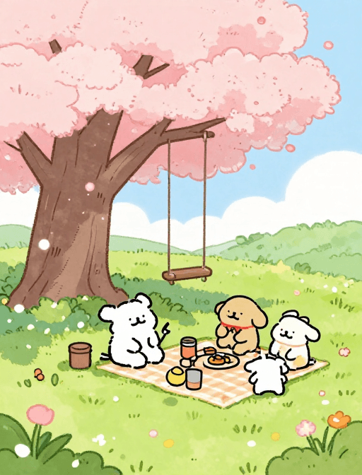 温馨治愈素材：水彩童话：春日樱花树下兔家野餐