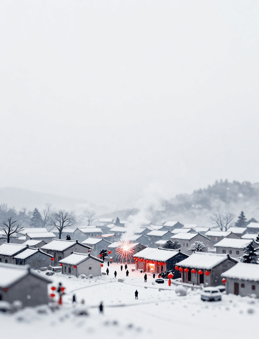 节庆氛围素材：水墨冬夜：微距雪村与烟火盛宴