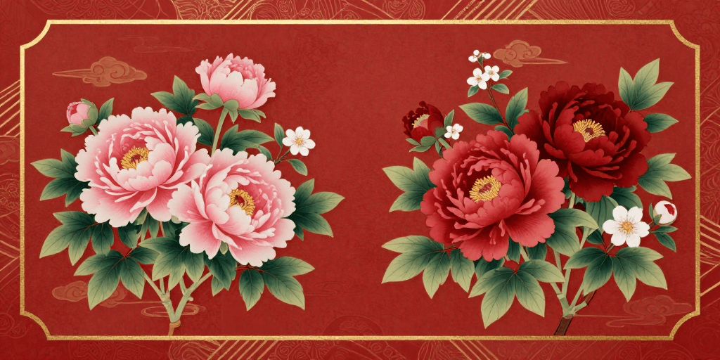 节日贺卡素材：传统工笔牡丹花插画，古典富贵与祥云纹样