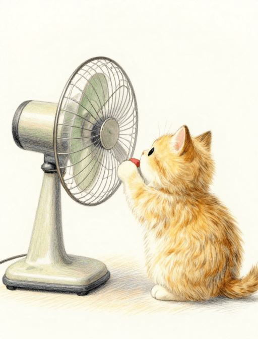 柔和背景素材：金渐层猫咪吹电风扇的治愈插画