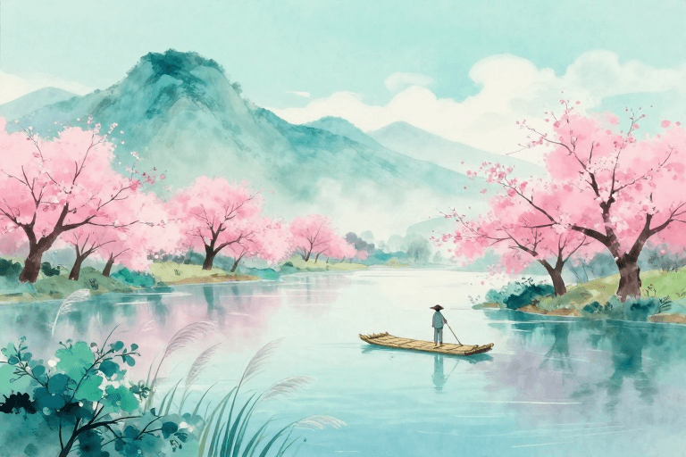 水墨水彩素材：水墨春日：静谧湖岸与竹筏上的诗意时光