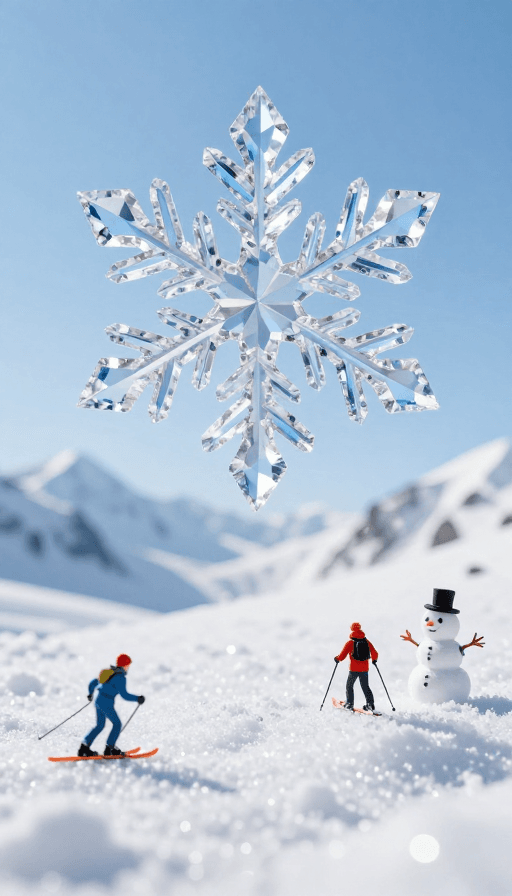 冬季运动素材：梦幻水晶雪花悬浮于冬日童话场景