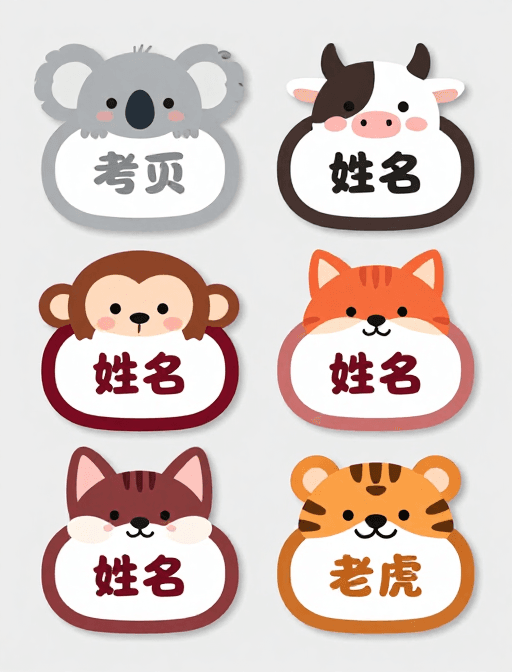 扁平插画素材：清新卡通动物姓名牌设计