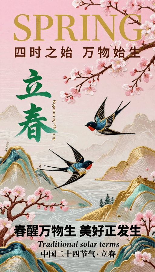 水墨山水素材：中国风刺绣立春海报：粉金绿渐变传统节气之美