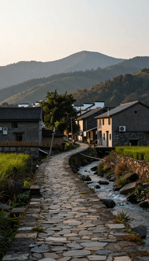 风景展示素材：静谧山村：石径蜿蜒，远山层叠，光影隐现
