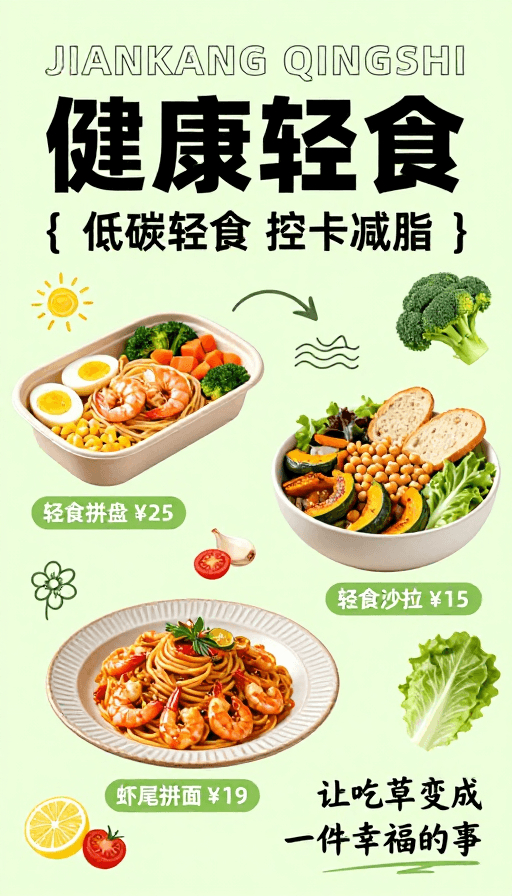 简约图标点缀素材：清新轻食海报，健康低脂生活理念宣传
