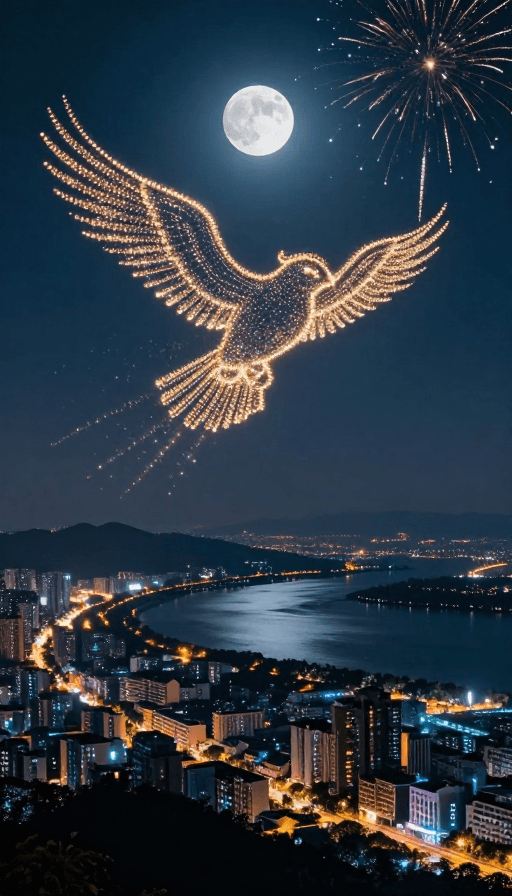 烟花特效素材：月光下的中国夜景：灯火与大鹏的梦幻交织