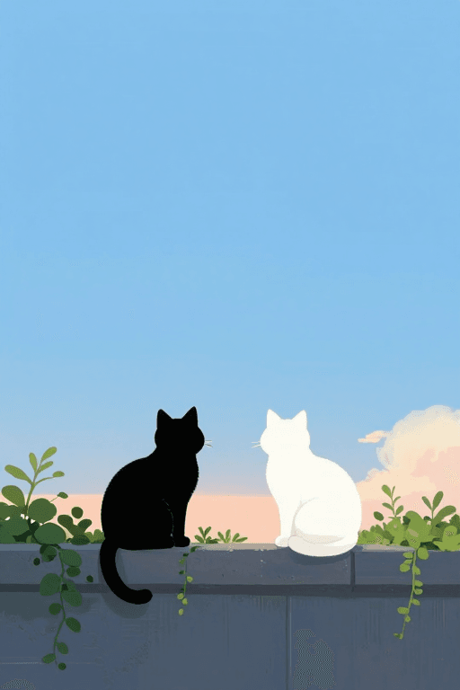 治愈系插画素材：黑猫白猫绿植墙上的治愈瞬间