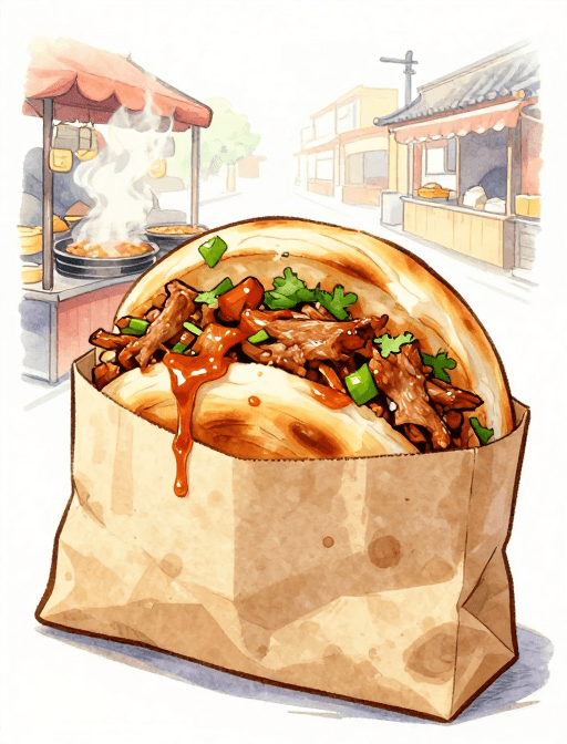 手绘漫画素材：手绘风肉夹馍特写：酥脆卤香满溢街头美味