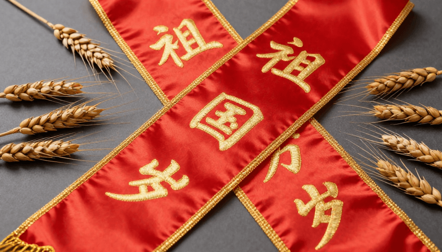 国庆节素材：金色‘祖国万岁’绶带闪耀红绸