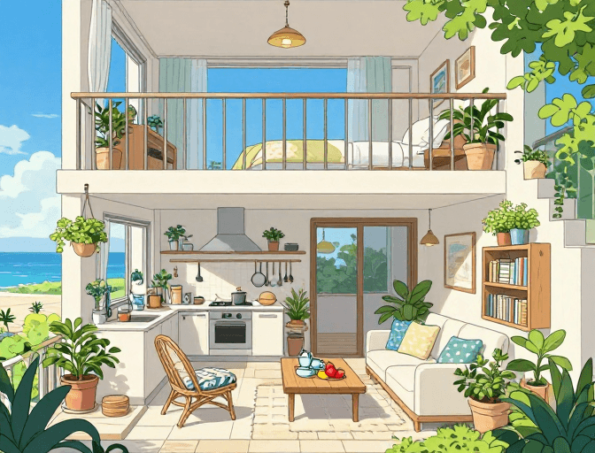 治愈系插画素材：治愈系动漫风现代住宅：温馨海景厨房与卧室插图