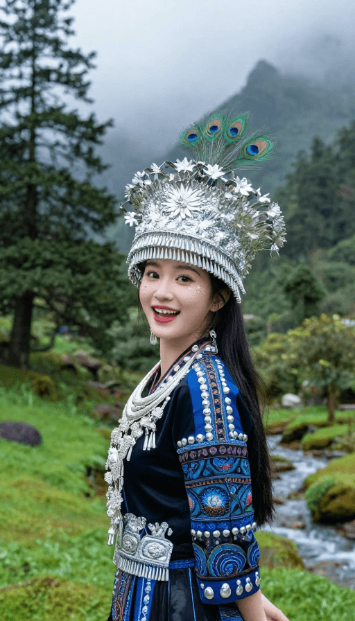自然风景素材：孔雀公主漫步高山森林，民族服饰与翠景相映成画