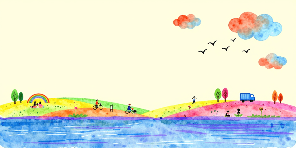 简笔画素材：童趣水彩画：彩虹丘陵上的欢乐时光
