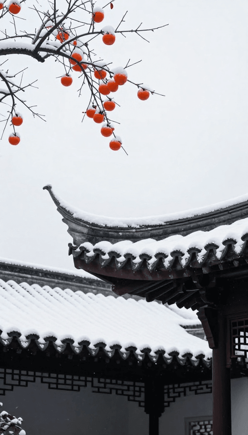 冬日风景素材：雪后江南古典园林：红柿挂枝的冬日写意