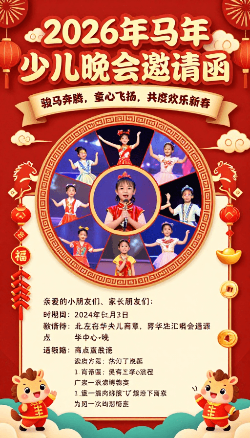 邀请函海报素材：2026马年少儿春晚：红金中国风邀请函海报