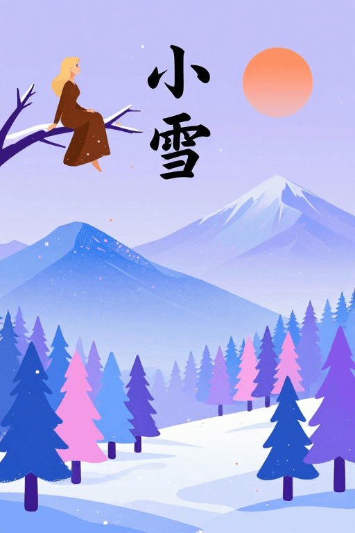 梦幻插画素材：紫蓝渐变梦幻冬景：雪女静坐与‘小雪’文字