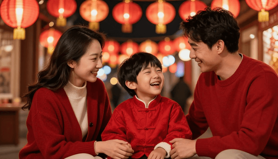 春节氛围素材：暖红年味：亚洲父母与红衣童夜市欢笑