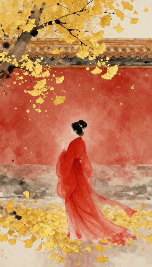 金箔岩彩素材：金秋红墙：水墨仕女的金箔岩彩古风画卷